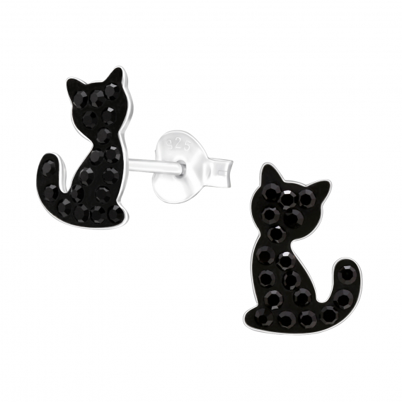 Obrázok pre Strieborné náušnice napichovacie Mačky čierne krištáliky