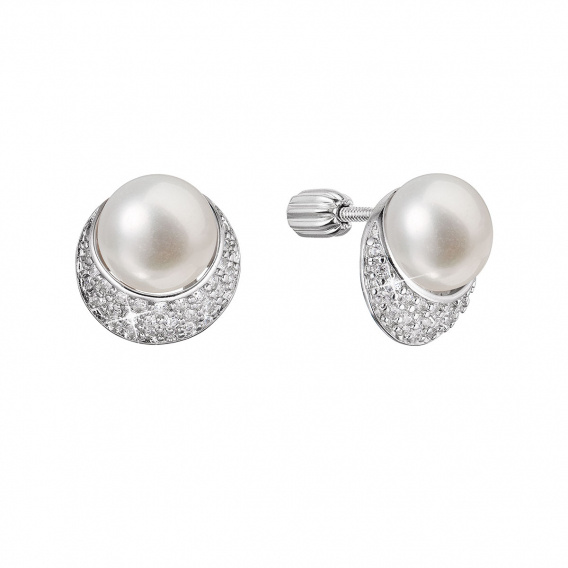 Obrázok pre Strieborné náušnice kôstky polmesiac s riečnou perlou a zirkónmi biele 21099.1B