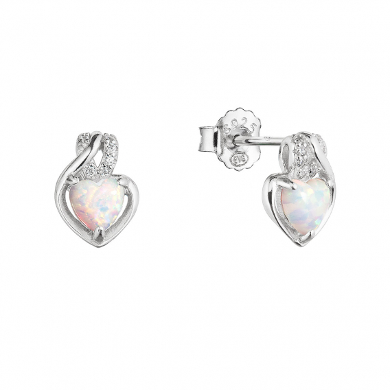 Obrázok pre Strieborné náušnice srdca z bieleho syntetického opálu a zirkónmi 11469.1 white