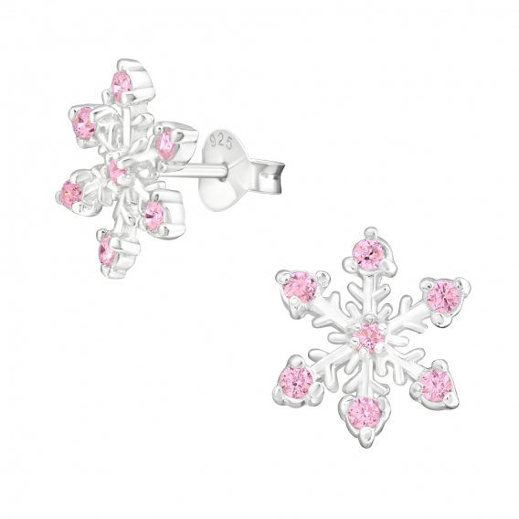 Obrázok pre Strieborné náušnice napichovacie Snehové vločky - ružový krištáľ 12 mm